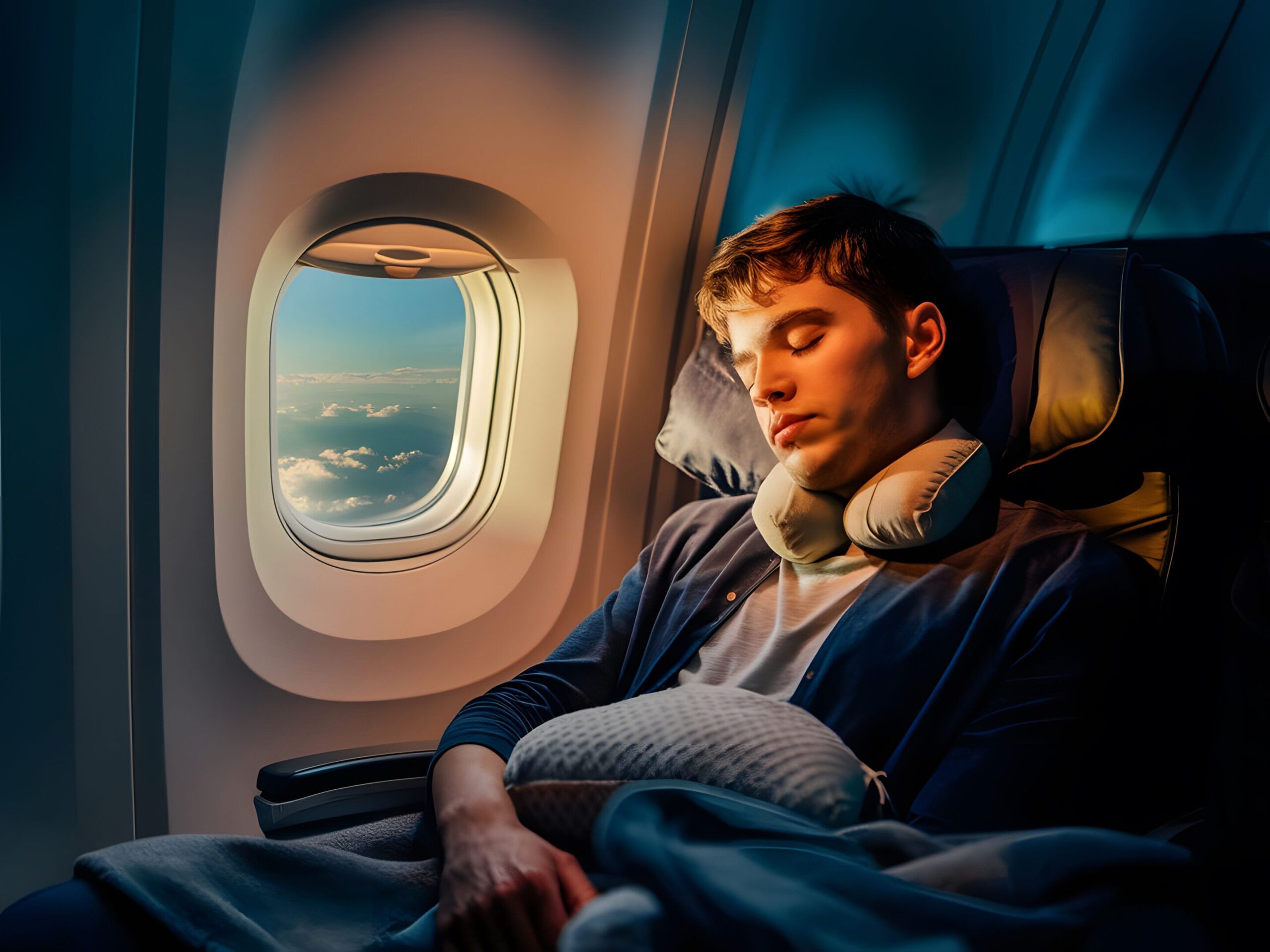 Persona durmiendo durante un vuelo largo