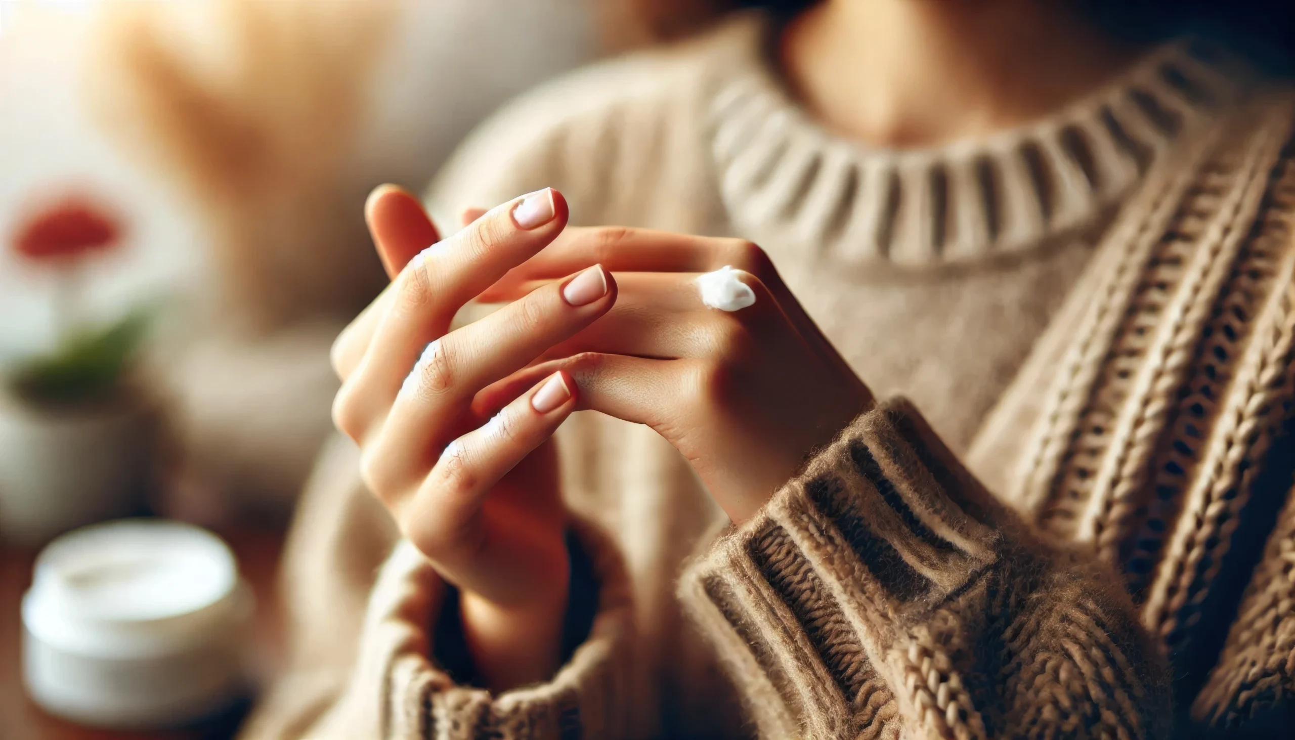 Persona aplicándose crema hidratante en las manos durante el invierno