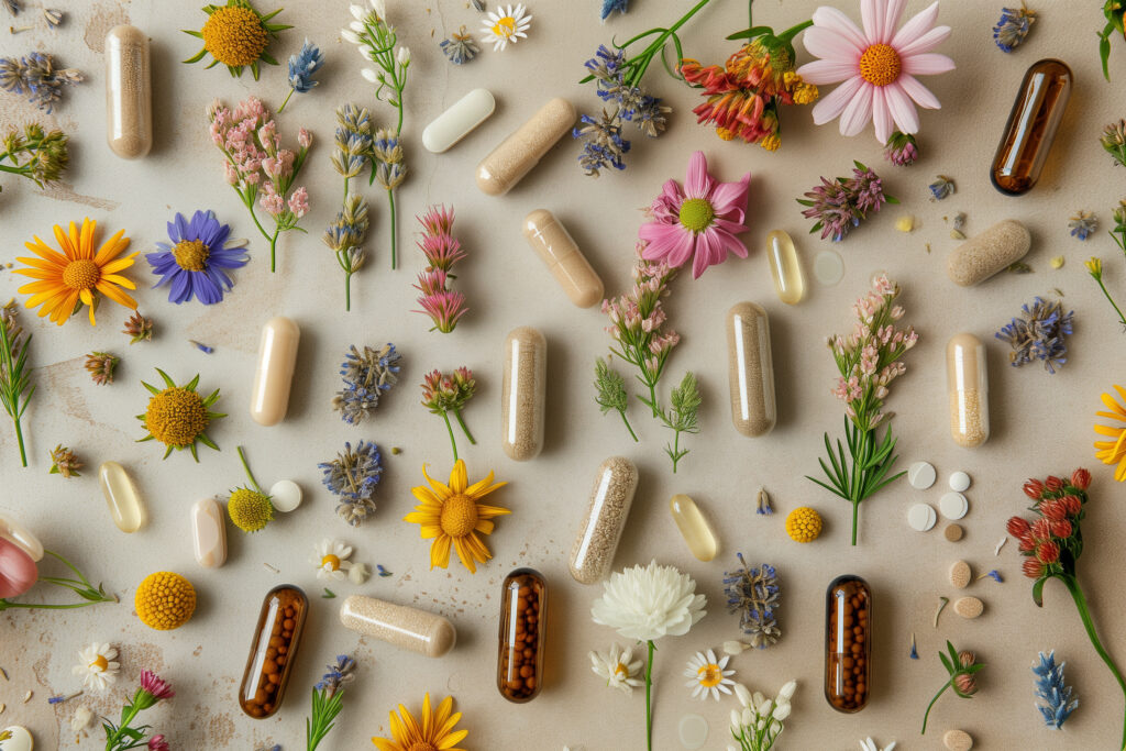 Cápsulas de vitaminas y minerales Blisscare junto a flores e ingredientes naturales