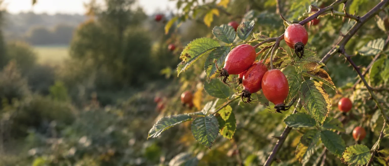 Frutos maduros de escaramujo en una rama de Rosa canina
