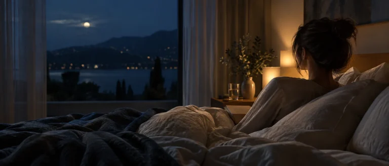 Mujer preparándose para dormir en un dormitorio durante la noche
